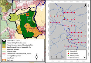 Location of the study area. A: Terra do Meio mosaic. B: Location grid for camera traps and linear transections.