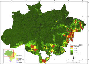 Basins of the Legal Amazon and their proportion of original native vegetation cover.