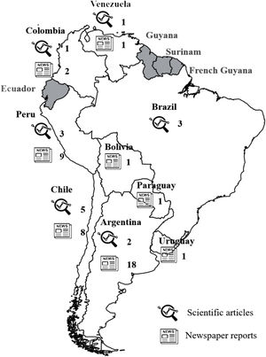 Map of South America showing the number of scientific articles and newspaper reports reporting bird collisions and electrocutions with power lines discriminated by each country from 1985 to 2021. Countries with no reported bird collision or electrocution events are shown in grey.