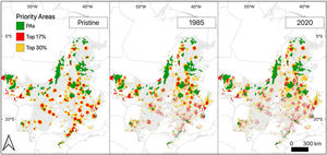 Priority areas for the conservation of Cerrado endemic terrestrial vertebrate species, in three distinct land-use scenarios (Pristine, 1985 and 2020) and two conservation targets (top 17% and 30% of the ecoregion).