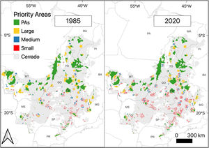 Top 17% of the Cerrado ecoregion for the conservation of endemic terrestrial vertebrate species, classified into three categories according to the territorial extension achieved upon the creation of protected areas. Thresholds considered were: over 1000 km2 for "Large" areas, and under 250 km2 for "Small" ones. Areas between 250 km2 and 1000 km2 were considered as "Medium". State initials stand for: BA: Bahia; DF: Distrito Federal; GO: Goiás; MA: Maranhão; MG: Minas Gerais; MS: Mato Grosso do Sul; MT: Mato Grosso; PA: Pará; PI: Piauí; PR: Paraná; SP: São Paulo and TO: Tocantíns.
