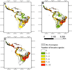 Potential distribution of climatically suitable areas for 10 invasive grass species in the Neotropics under future climate conditions (2100). (a) Projected species richness in SSP1-2.6, (b) projected species richness in SSP3-7.0, (c) projected species richness in SSP5-8.5. SSP1-2.6 = low-forcing scenario; SSP3-7.0 = the medium-forcing scenario; SSP5-8.5 = high-forcing scenario. Dry Ecoregions according to TNC – The Nature Conservancy (2009).