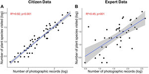 (A) Relationship between number of plant species visited by hummingbirds and the number of photographic records in the Wikiaves platform (B) Relationship between the number of plant species visited by hummingbirds recorded by experts and the number of photographic records in Wikiaves.