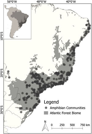 Spatial distribution of amphibian occurrences used in the current study (dark gray dots) along the Brazilian Atlantic Forest (gray area).