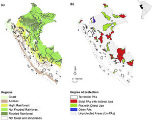 Study area. (a) Distribution of forests by regions considering terrestrial PAs (b) Distribution of forests by protection degree. The Coast and Andean regions also included shrublands.