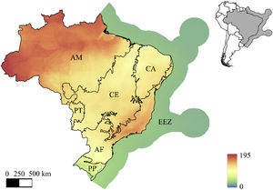 Mammal richness in the Brazilian phytophysiognomic domains (a.k.a. biomes in Brazil) and economic exclusive zone. AM = Amazon, CE = Cerrado, CA = Caatinga, PT = Pantanal, AF = Atlantic Forest, PP = Pampa, and EEZ = Brazilian Economic Exclusive Zone. The color ramp represents the richness of all Brazilian mammals (data from Jenkins et al., 2013, Jenkins and Van Houtan 2016).
