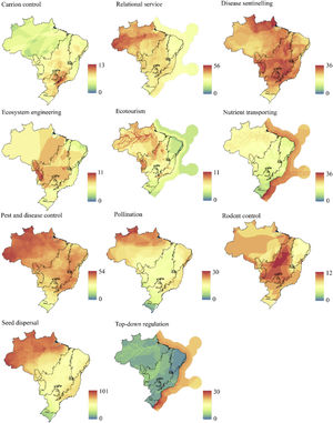 Richness of each of the 11 ecosystem services assessed. Maps are presented in alphabetic order of ES. Legend colors are not in the same scale, as species richness for each service differs greatly.