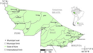 Location of the study area, state of Acre and municipal divisions in the context of South America and the Amazon.