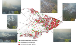 Mapping of wildfires and forest fires in the eastern part of Acre in 2005 with visualization of checkpoints and assessment of the situation through overflights. Photos and points of the overflights provided by Foster Brown SETEM/PZ/UFAC.