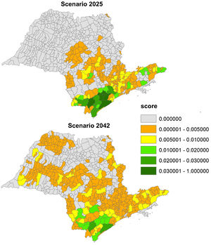 Difference between the score of the native vegetation cover criterion in 2025 and 2042 scenarios with the restoration of 1.5 million hectares in the State of São Paulo, Brazil.