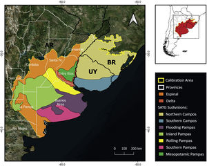 Model calibration area used to assess the potential distribution of C. ornata, showing the South American Temperate Grasslands (SATG) and its subdivisions and the Espinal and Delta Ecoregions. AR: Argentina. BR: Brazil. UY: Uruguay.