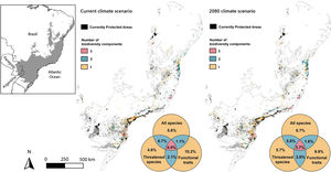 Overlap among the priority areas that could be protected to increase the current protected areas network to 30% of the AF remnants. Priority areas were identified based on the different bird diversity components analysed (overall species potential distribution, potential distribution of threatened species and functional traits) in different climate scenarios (current climate scenario in the left panel and 2080 climate scenario in the right panel). The Venn diagrams show the percentage of overlap of the Atlantic Forest patches representing the 17.8% top priority areas for the different components analysed when considering the 12.2% of forest patches already protected (represented in black). Colors in the maps show forest patches with different amounts of overlap. Forest patches in which none of the biodiversity components showed importance are in light gray.