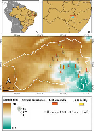 Location of the study area in (a) South America, (b) north-eastern Brazil and Pernambuco state (in grey), and (c) Catimbau National Park showing the distribution of the 18 0.1-ha plots (circles) along the chronic anthropogenic disturbance (CAD) and rainfall gradients.
