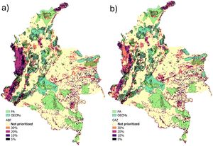 Priority areas for snake conservation in Colombia based on ABF (a) and CAZ (b) removal rules and their relationship with PA and OECMs.