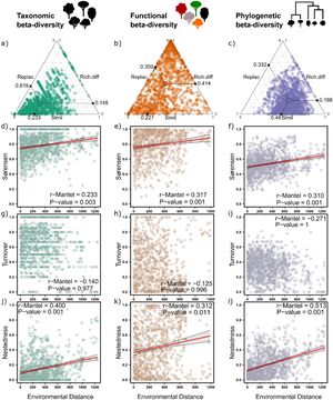 Relationship between biotic dissimilarity and environmental distance (açaí clump density) using incidence in relation to adult woody assemblages of an Amazonian estuarine forest. Total dissimilarity (β Sorensen) and its components (β Turnover and β Nestedness). Both determination coefficients (r) and significance (p) for each relationship are shown.