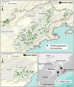 Geographical distribution of rural properties participating in the “Projeto Conexão Mata Atlântica” (PCMA) in the Brazilian state of São Paulo. (a) Distribution of 823 participants in the Paraíba Valley region, across sixteen municipalities. (b) Distribution of 151 participants in the Ribeira Valley region, across four municipalities.