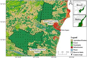 Location of the Pau Brasil National Park (PNPB) and Private Reserve of Natural Heritage Estação Veracel (RPPNEV), southern Bahia, Brazil, depicting the location of the camera trap stations and main land uses (MapBiomas Project). The green area in the inset map represents the distribution of the Atlantic Forest biome.