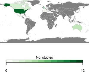 A global map showing the numbers of studies conducted in each country. Grey colouration indicates no studies available.