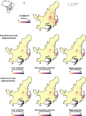 Current richness of Cerrado endemic and endangered species, and projected richness loss under future emission scenarios and associated with land use change scenarios related to the implementation of FC (2050). Current richness of Cerrado endemic and endangered species, and projected richness loss under future emission scenarios and associated with land use change scenarios related to the implementation of FC (2050).