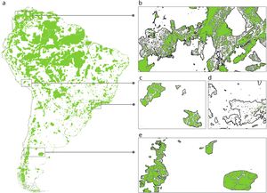 Spatial distribution of protected areas (PAs) and detailed views of roadless areas across South America. a, The study region. Green polygons represent PAs. Rectangles highlight the locations of inset panels (b–e), which provide detailed views of roadless areas (shown in green) in specific regions. Roadless area was defined as the portions of PAs located at least 1 km away from the nearest road, regardless of whether the road lies inside or outside the PA boundaries, following the approach proposed by Ibisch et al. (2016).