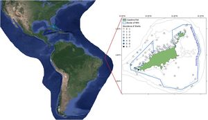 Localization and map of the studied area, highlighting the FNA (in green), bathymetry (isobaths shown in grey) and the boundaries of the no-take MPA (blue polygon). Circles represent the BRUV deployments, and the color scale, the abundance of sharks.