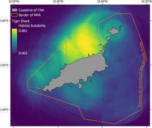 The species distribution model for the tiger shark around FNA: the orange polygon marks the border of the no-take MPA: darker colors depict lower and brighter colors higher habitat suitability.
