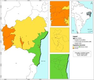 Locations of the sampling sites in the Atlantic Forest, Tropical Dry Forest and Tropical Savanna domain, Bahia, Brazil.