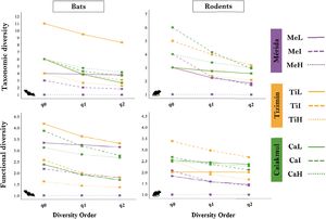 Diversity profiles based on Hill numbers of order q0, q1 and q2 for taxonomic and functional diversity for bats and rodents from three regions on the Yucatán peninsula, Mexico. Colors depict each region and the sampling landscapes within (Mérida in purple, Tizimín in orange, Calakmul in green). Landscape names include a regional code (Me, Ti, Ca) followed by a letter indicating low (L), intermediate (I), and high (H) landscape modification.