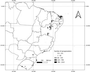 Distribution of wind turbines density installed and planned in Brazil in 2019.