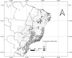 Regions with the highest potential for conflict, considering wind turbines density, endangered species, and protected areas in Brazil.