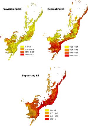 Distribution of three ecosystem service categories across the study area: (a) provisioning; (b) regulating; (c) supporting. The gradient in the heat maps represents municipality averages for each ecosystem service category. Provisioning (n = 5 ecosystem services: coffee, sugarcane, soybean, corn and cattle production); Regulating (n = 3: Wbalance, carbon stock, and soil); Supporting (n = 1: (woody plant species biodiversity).