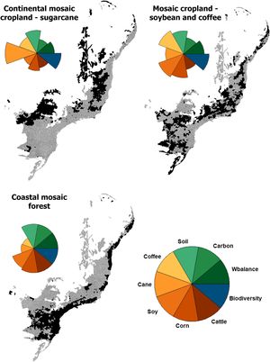 Distribution of the three ecosystem service bundles across the Brazilian Atlantic Forest. Starplots show the normalized (0-1) average values of ecosystem services for each bundle.