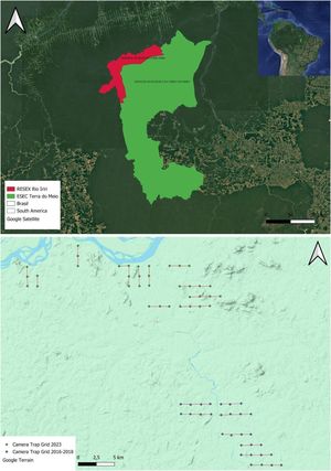 Above, a map of the two protected areas where the Monitora Program operates. Below are the transects made on the ICMBio camera trails. In blue are the cameras deployed between 2016 and 2018, and in green are those deployed in 2023.