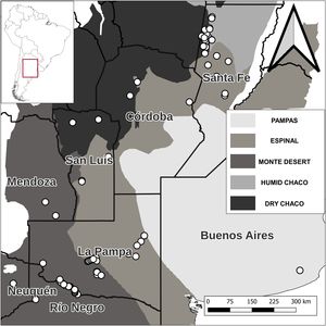 Map of the study area, depicting the electrocution event locations as white dots. Only those provinces where electrocution events took place are labelled, and the ecoregions are colored (see legend).