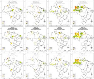 Areas not covered by health units carrying bothropic antivenom (SAB) considering accessibility levels defined by IBGE (columns) and different climate scenarios (rows) for the genus Bothrops. The color gradient from green to red indicates the number of species occurring simultaneously in the same location. Darker red areas represent higher species richness. The maximum species limit varies according to scenario and Brazilian region. Gray areas represent unsuitable genus occurrence habitats. A reference map of Brazil depicting states and official macroregions is provided in the Supplementary Material (Figure S10).
