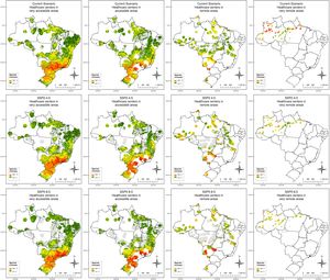 Coverage by health units carrying bothropic antivenom (SAB) considering accessibility levels defined by IBGE (columns) and different climate scenarios (rows) for the genus Bothrops. The buffers around each health unit were defined as 40 km for very remote areas, 80 km for remote areas, 100 km for accessible areas, and 120 km for very accessible areas. The color gradient from green to red indicates the number of species occurring simultaneously in the same location. Darker red represent higher species richness. The maximum species limit varies according to scenario and Brazilian region. Gray areas represent unsuitable genus occurrence habitats.