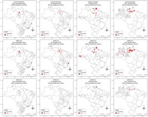 Areas not covered by health units carrying lachetic antivenom (SAL) considering accessibility levels defined by IBGE (columns) and different climate scenarios (rows) for the genus Lachesis. Suitable Lachesis occurrence areas are depicted in red. The maximum species limit varies according to scenario and Brazilian region. Gray areas represent unsuitable genus occurrence habitats.
