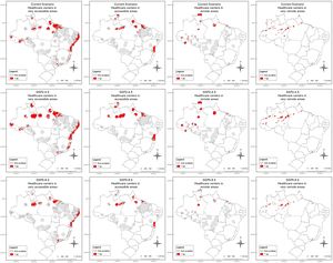 Coverage area of health units carrying lachetic antivenom (SAL) considering accessibility levels defined by IBGE (columns) and different climate scenarios (rows) for the genus Lachesis. The buffers around each health unit were defined as 40 km for very remote areas, 80 km for remote areas, 100 km for accessible areas, and 120 km for very accessible areas. Suitable Lachesis occurrence areas are depicted in red. The maximum species limit varies according to scenario and Brazilian region. Gray areas represent unsuitable genus occurrence habitats.