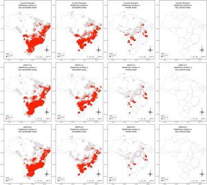 Coverage area of health units carrying crotalic antivenom (SAC) considering accessibility levels defined by IBGE (columns) and different climate scenarios (rows) for the genus Crotalus. The buffers around each health unit were defined as 40 km for very remote areas, 80 km for remote areas, 100 km for accessible areas, and 120 km for very accessible areas. Suitable Crotalus occurrence areas are depicted in red. The maximum species limit varies according to scenario and Brazilian region. Gray areas represent unsuitable genus occurrence habitats.