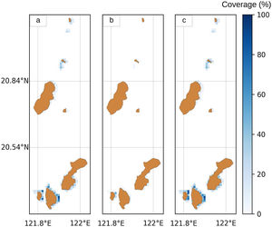 Spatial distribution of (a) corals reefs, (b) seagrass beds and (c) total (coral + seagrass) habitat in Batanes, Phillipines.