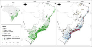 (a) The distribution of endemic Atlantic Forest bird species observations from two popular community science platforms (eBird and iNaturalist) from 2000 to 2022; and (b) observations of threatened and Near Threatened species inside (red), and outside (blue) protected areas. The inset shows the five major regions of Brazil: N: north, NE: northeast, CW: central west, SE: southeast and S: south. Species threat status and taxonomy follows BirdLife International (2023).