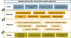 Examples of Amazonian policies and institutions across scales. Examples of key existing policies, organizations, and actions that may be used in the approach for the basin-wide riverine conservation system. Not all Amazonian countries are signatories to all of them or have all of the institutions in place. Some of these examples may transcend scales, e.g., NGOs can act both nationally and internationally. The Sustainable Development Goals and Convention on Biological Diversity (CBD) are applied at the national scale, but note that directives and outcomes are of international relevance. CBD's Global Biodiversity Framework is also implemented at the national scale via National Biodiversity Strategies and Action Plans, but with an objective to meet international goals and targets.