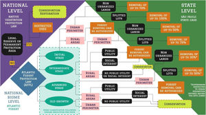 Flowchart with the three main legislative levels for ruling forest protection within the Atlantic Forest. In the purple panel, we highlight the two main forms of protection of the Native Vegetation Protection Law. In the white panel, we show the Atlantic Forest Protection Law (AFPL) with a light green box showing the successional stages classification, which is the bottleneck we deal with in this paper. In the dark green panel, we depict the São Paulo State legislation regarding the forests in urban areas. It is important to notice that the AFPL is national and precedes all other laws (created with Miro).