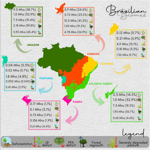 For each Brazilian biome, the area of native vegetation deficit in Legal Reserves (LR) and Permanent Protected Areas (PPA), severely degraded pastures in 2021, total native vegetation clearing from 2017-2022, and vegetation regrowth between 2017-2022 outside public land, conservation units (except RPPNs and APAs), and Indigenous Lands.