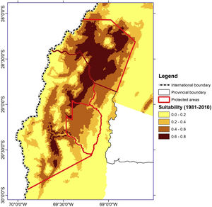 Suitability map for the distribution of high-altitude wetlands in the CAA for the reference period (1981–2010).