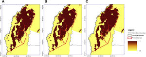 Presence of high-altitude wetlands in CAA using the tenth percentile training presence threshold (10% TP). (A) Reference period (1981–2010). (B) Period 2041–2070, based on the SSP1-2.6 emissions scenario. (C) Period 2041–2070, based on the SSP5-8.5 emissions scenario.