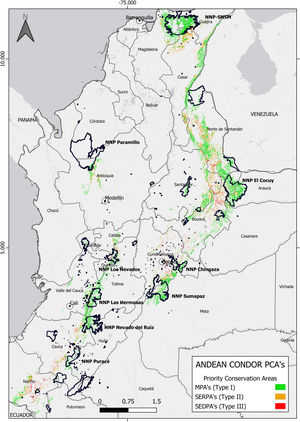 Priority Conservation Areas (PCAs) for Andean Condor Conservation in Colombia. Colours represent priority areas at the landscape scale. Green: low-risk areas with a high probability of roost selection >43% (Type I PCAs); Yellow: areas with medium-risks for conservation and a high-probability of roost selection (>43%) and areas between 40–60% of anthropogenic pressure overlap (Type II PCAs); Red: high-risk areas for Andean Condor conservation where there is a high probability of roost selection (>43%) and high anthropogenic pressure (>60%) (Type III PCAs).