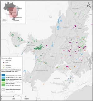 Cerrado peat locations with vegetation type (this study), extent of peat according to the Global Peatland Map2.0 (GPD, 2022) and organic soils from the pedology compartment of the environmental information database (IBGE, 2021), overview map: Brazilian biomes and main map extent (reddish).