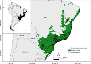 Spatial distribution of small rodents’ occurrences compiled for the Atlantic Forest (shapefile from Muylaert et al., 2018b). The thumbnail map depicts the Atlantic Forest (dark area) in South America.