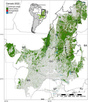 Location of the MATOPIBA region within the Cerrado biome and the remaining natural coverage of the biome for 2022. Source: Mapbiomas Collection 8 (https://brasil.mapbiomas.org/).